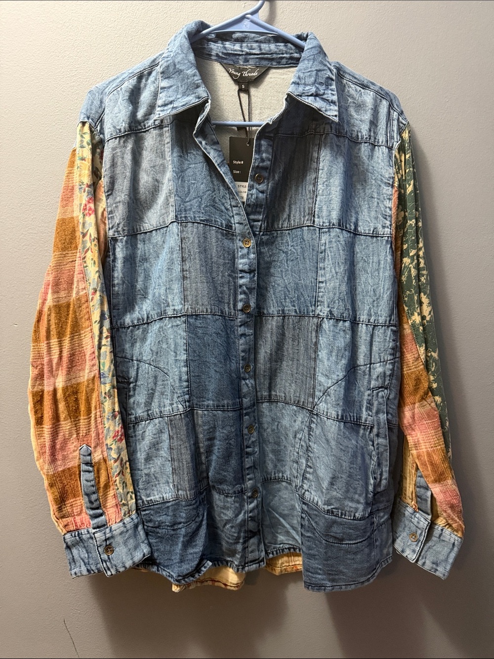 Young Threads Patchwork Denim Button-Up Shirt/Jacket with Multicolor Sleeves